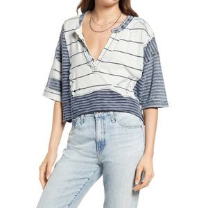 Free People Womens Tokyo Stripe Cropped Top Shirt Navy Combo XL